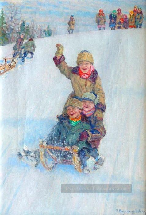 Patinage de la montagne Nikolay Bogdanov Belsky enfants impressionnisme enfant Peintures à l'huile